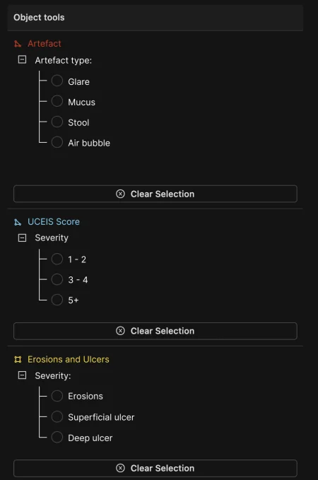 Ontology of artefact, UCEIS score, and Mayo score for GI